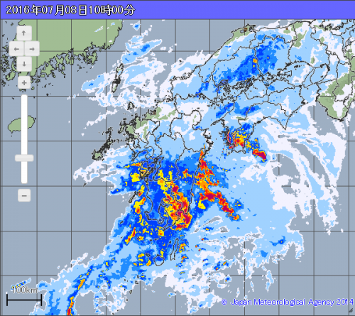 九州南部で雨雲が発達